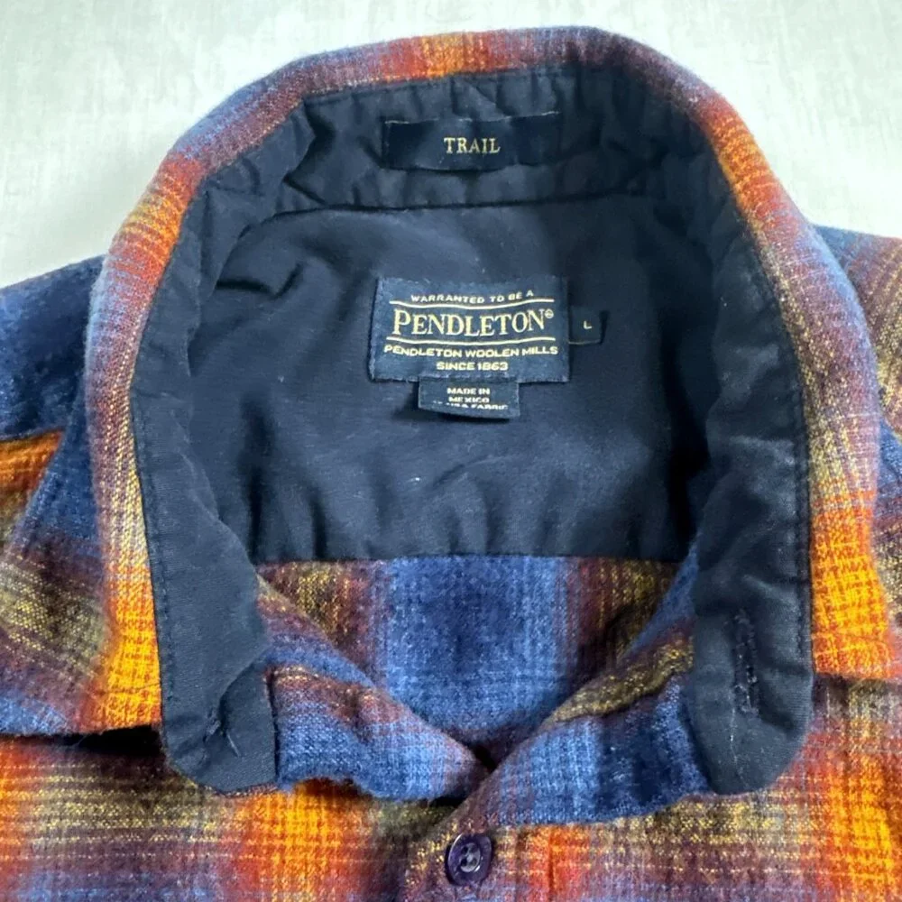 Mens Pendleton Blue Orange Shadow Plaid Trail Shirt Elbow Patch Pad Size Large - Picture 4 of 16